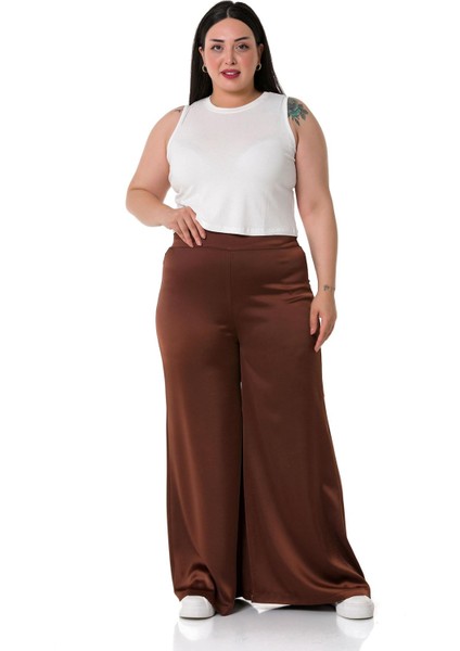 Büyük Beden Geniş Paça Beli Arkadan Lastikli Saten Kahverengi Pantolon fiyatları