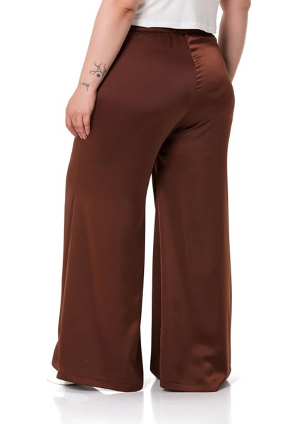 Büyük Beden Geniş Paça Beli Arkadan Lastikli Saten Kahverengi Pantolon modelleri