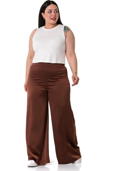 Büyük Beden Geniş Paça Beli Arkadan Lastikli Saten Kahverengi Pantolon fırsatları