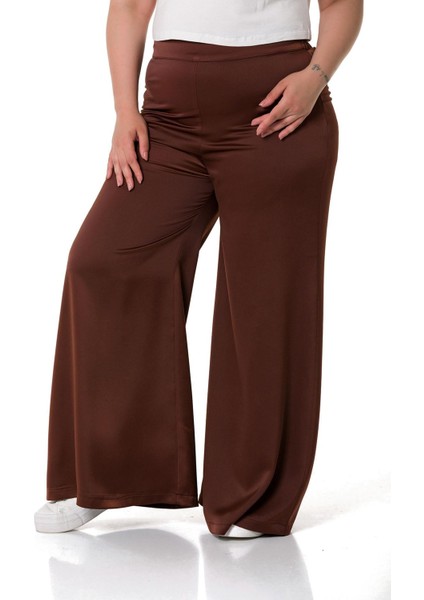 Büyük Beden Geniş Paça Beli Arkadan Lastikli Saten Kahverengi Pantolon indirimleri