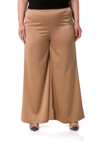 Büyük Beden Geniş Paça Beli Arkadan Lastikli Saten Vizon Pantolon