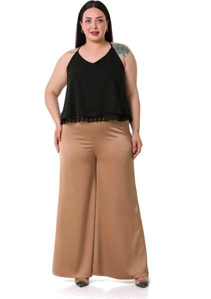 Büyük Beden Geniş Paça Beli Arkadan Lastikli Saten Vizon Pantolon fiyatları