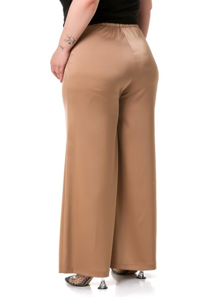 Büyük Beden Geniş Paça Beli Arkadan Lastikli Saten Vizon Pantolon modelleri