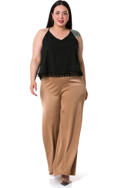 Büyük Beden Geniş Paça Beli Arkadan Lastikli Saten Vizon Pantolon fırsatları