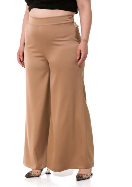 Büyük Beden Geniş Paça Beli Arkadan Lastikli Saten Vizon Pantolon indirimleri