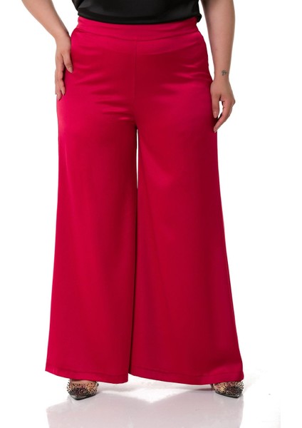 Büyük Beden Geniş Paça Beli Arkadan Lastikli Saten Kırmızı Pantolon