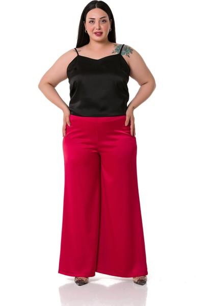 Büyük Beden Geniş Paça Beli Arkadan Lastikli Saten Kırmızı Pantolon fiyatları