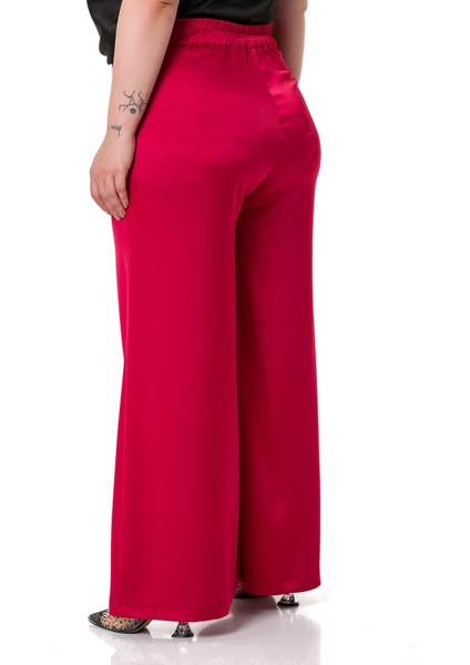 Büyük Beden Geniş Paça Beli Arkadan Lastikli Saten Kırmızı Pantolon modelleri