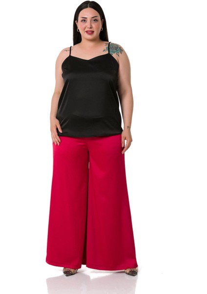 Büyük Beden Geniş Paça Beli Arkadan Lastikli Saten Kırmızı Pantolon fırsatları