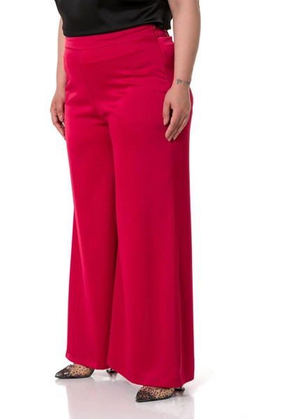 Büyük Beden Geniş Paça Beli Arkadan Lastikli Saten Kırmızı Pantolon indirimleri