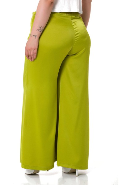 Büyük Beden Geniş Paça Beli Arkadan Lastikli Saten Fıstık Yeşili Pantolon modelleri