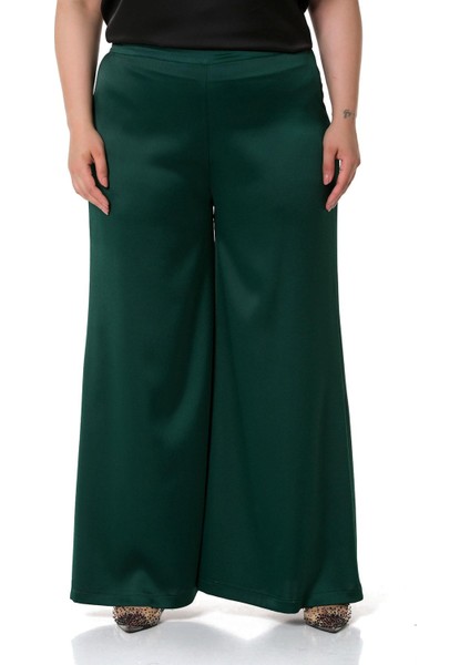 Büyük Beden Geniş Paça Beli Arkadan Lastikli Saten Zümrüt Yeşili Pantolon