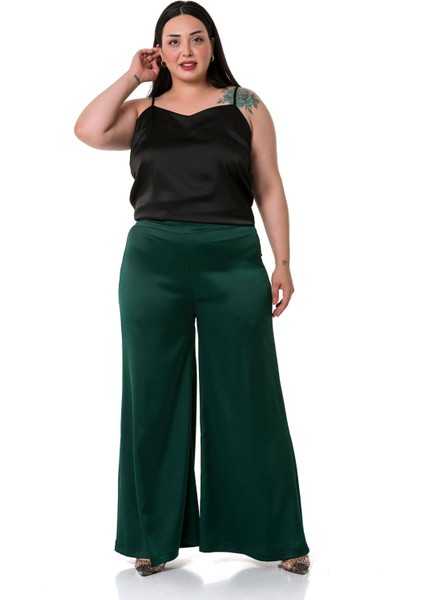 Büyük Beden Geniş Paça Beli Arkadan Lastikli Saten Zümrüt Yeşili Pantolon fiyatları