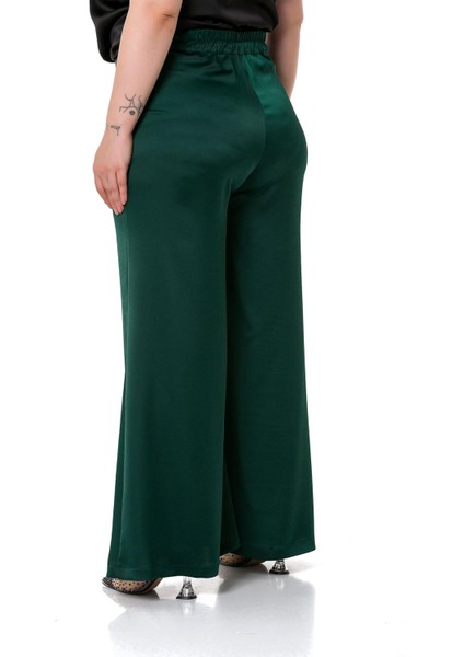 Büyük Beden Geniş Paça Beli Arkadan Lastikli Saten Zümrüt Yeşili Pantolon modelleri