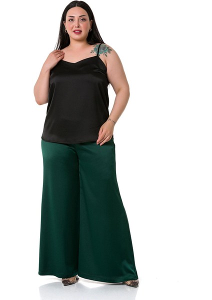 Büyük Beden Geniş Paça Beli Arkadan Lastikli Saten Zümrüt Yeşili Pantolon fırsatları