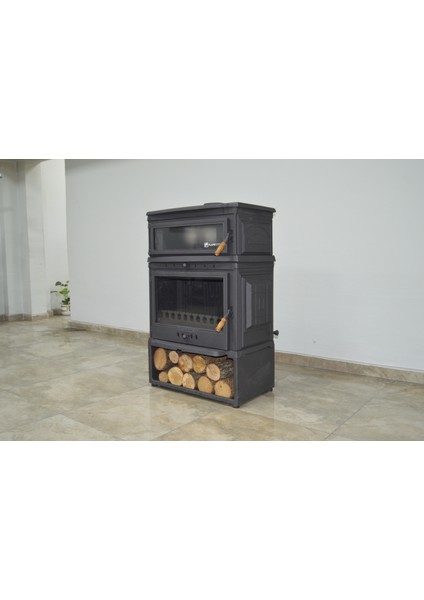 FS-044 St Retro Dik Tek Camlı Odunluklu Kuzineli Döküm Soba