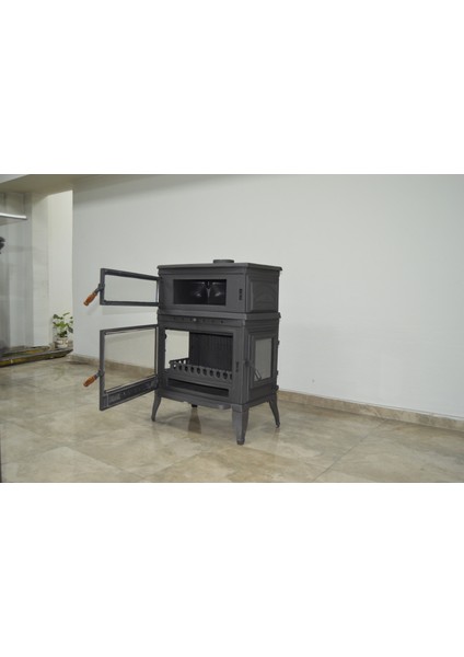 Flame Stove FS-045YK Retro Lux Dık 3 Camlı Yan Kapaklı Kuzineli Döküm Soba