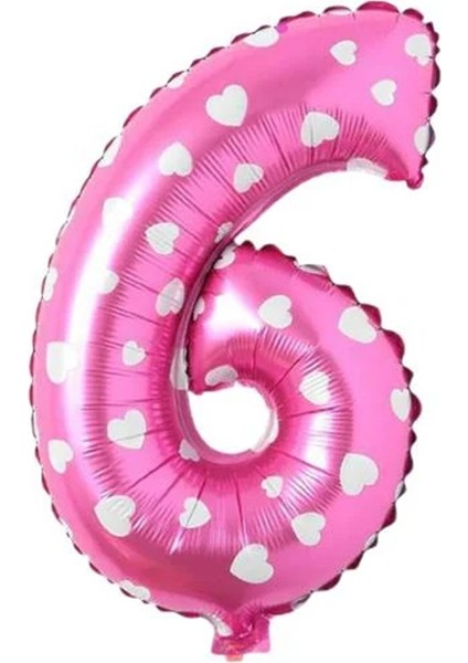 6 Rakamı 16 Inç Pembe Kalpli Folyo Balon 36 cm