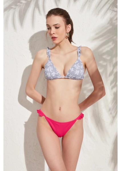 Kadın Gri Fuşya Desenli Fırfır Detaylı Üçgen Bikini Takım HZL23S-PC12079321