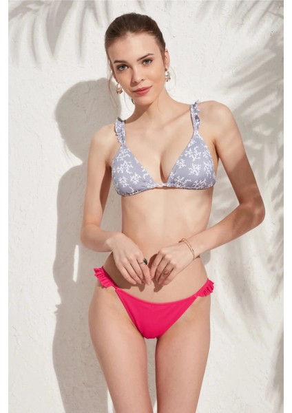 Kadın Gri Fuşya Desenli Fırfır Detaylı Üçgen Bikini Takım HZL23S-PC12079321 modelleri