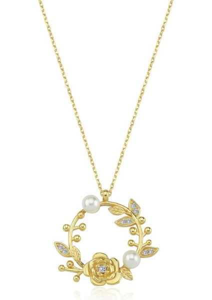 Işıltılı Inci Goncası Gold Renk Flowers Gümüş Kolye