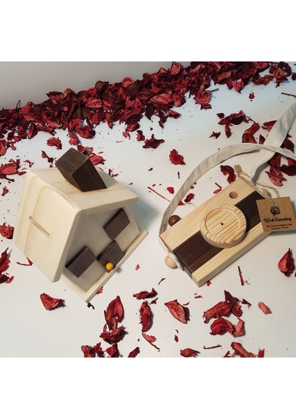 Ahşap Hediyelik Kumbara + Oyuncak Fotoğraf Makinesi Set, Dekoratif ,eğitici Oyuncak, Çocuk Oyuncak
