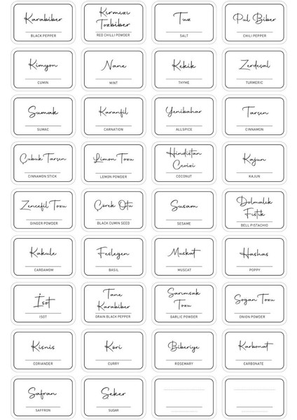 Dikdörtgen Baharat Kavanoz Etiketi Sticker Seti 4,5 x 3 cm 36 Adet