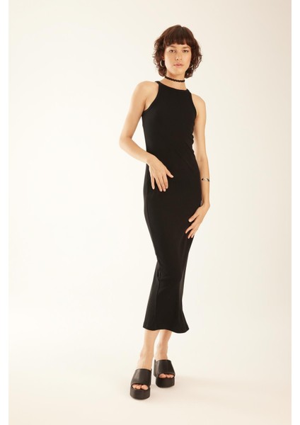 Bodycon Halter Yaka Fitilli Kaşkorse Maxi Kolsuz Elbise A4828AX23SM