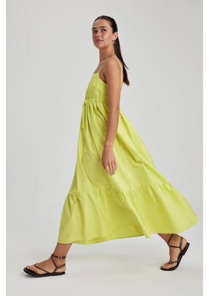 Kare Yaka Poplin Kolsuz Midi Kısa Kollu %100 Pamuk Elbise A3248AX23SM fırsatları