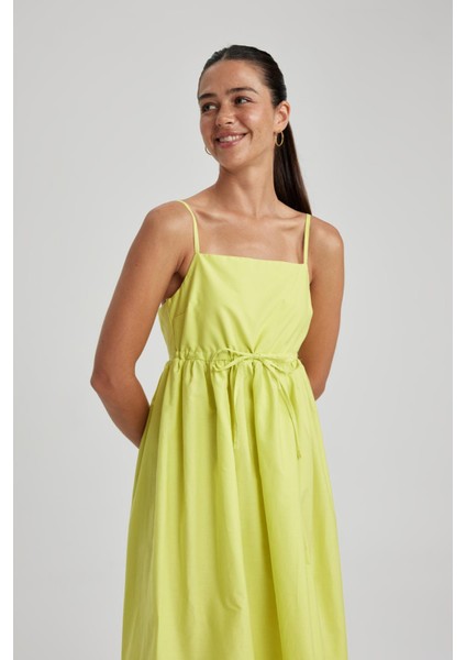 Kare Yaka Poplin Kolsuz Midi Kısa Kollu %100 Pamuk Elbise A3248AX23SM