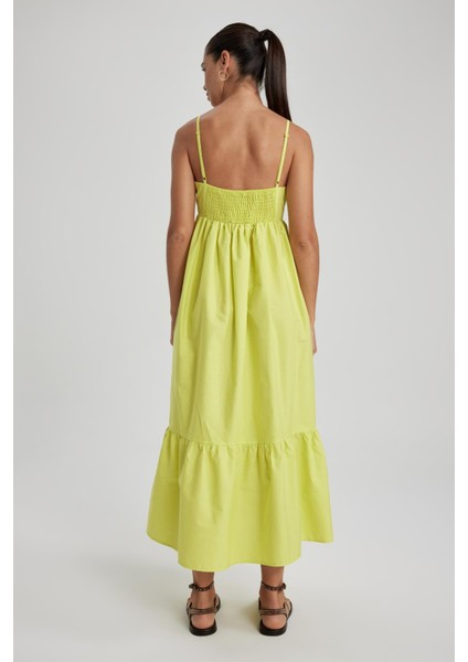 Kare Yaka Poplin Kolsuz Midi Kısa Kollu %100 Pamuk Elbise A3248AX23SM