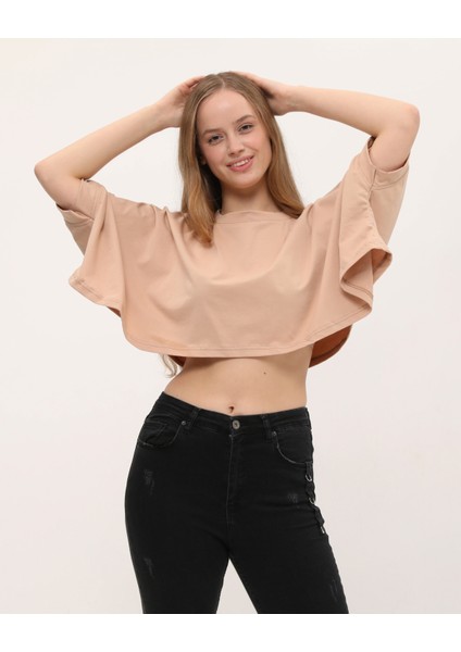 Camel Yarasa Kol Detaylı Crop T-Shirt