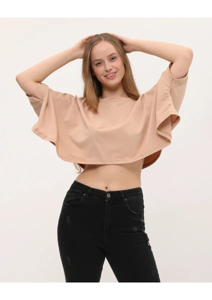 Owut Collection Camel Yarasa Kol Detaylı Crop T-Shirt