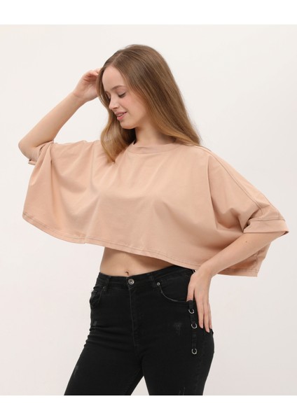 Camel Yarasa Kol Detaylı Crop T-Shirt