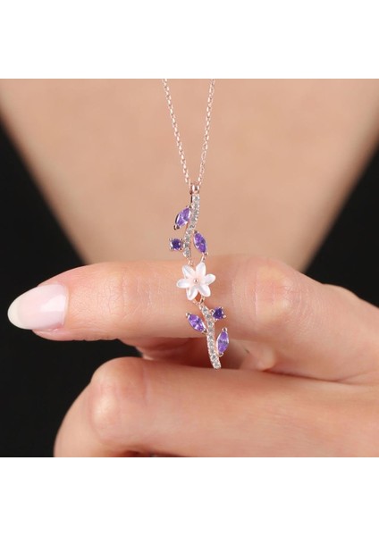 Ametist Taşlı Manolya Çiçeği Zarafet Bağı Rose Renk Flowers Gümüş Kolye