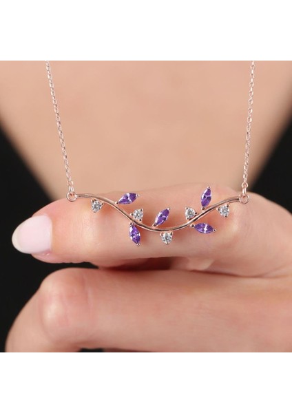 Pırlanta Montür Ametist Taşlı Sevgi Yolu Rose Renk Flowers Gümüş Kolye