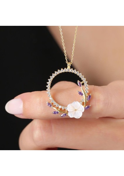 Pırlanta Montür Ametist Taşlı Manolya Çiçeği Tacı Gold Renk Flowers Gümüş Kolye