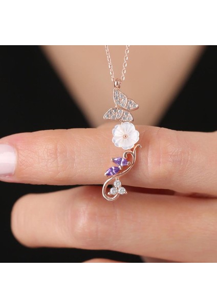 Ametist Taşlı Manolya Çiçeği Kelebeğin Dansı Rose Renk Flowers Gümüş Kolye