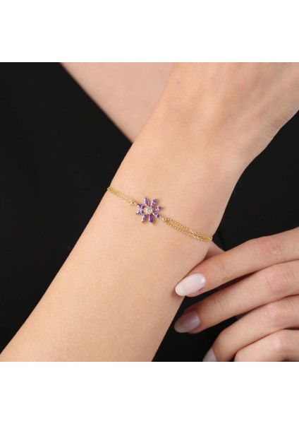 Pırlanta Montür Ametist Güneşi Gold Renk Gümüş Bileklik