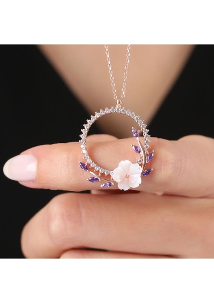 Pırlanta Montür Ametist Taşlı Manolya Çiçeği Tacı Rose Renk Flowers Gümüş Kolye