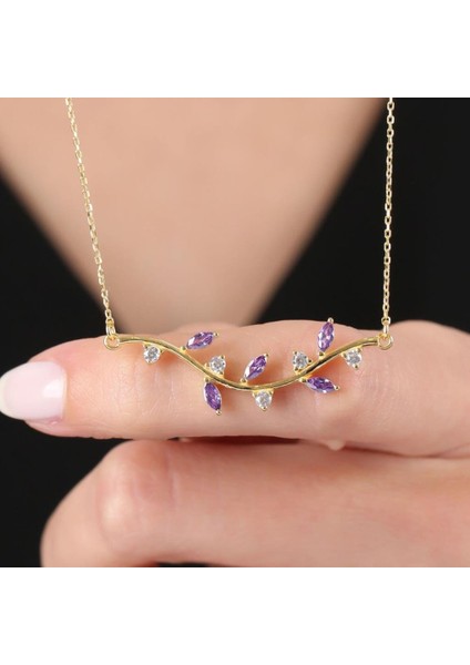 Pırlanta Montür Ametist Taşlı Sevgi Yolu Gold Renk Flowers Gümüş Kolye