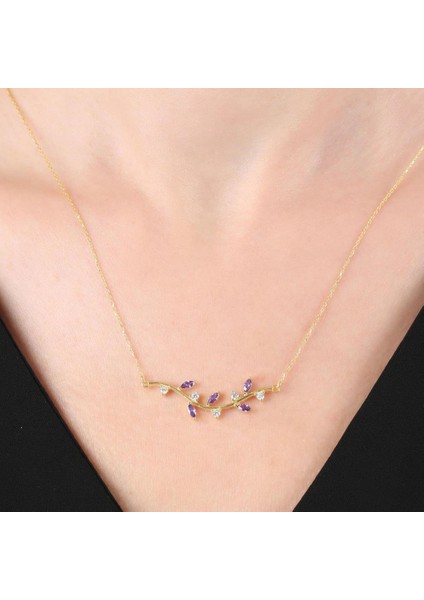 Pırlanta Montür Ametist Taşlı Sevgi Yolu Gold Renk Flowers Gümüş Kolye fiyatları