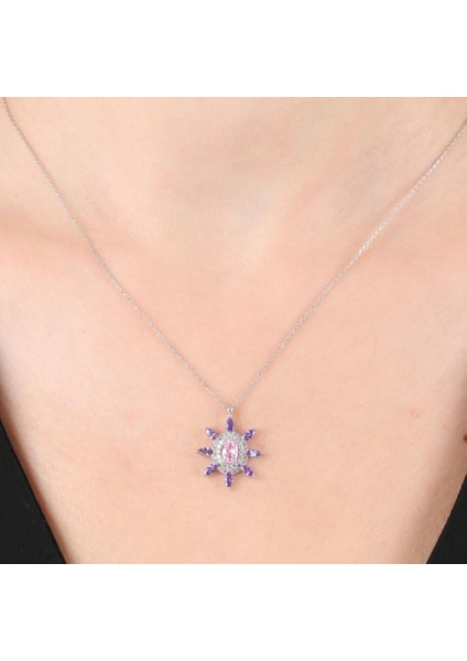 Pırlanta Montür Pink Taşlı Ihtişam Güneşi Gümüş Kolye fiyatları