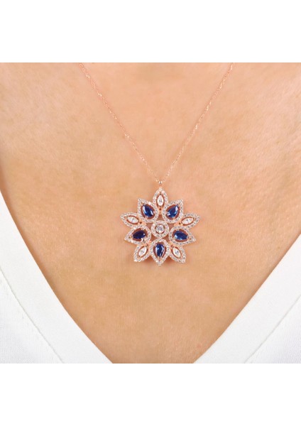 Pırlanta Montür Sentetik Safir Kraliçe Yıldızı Rose Renk Gümüş Kolye fiyatları