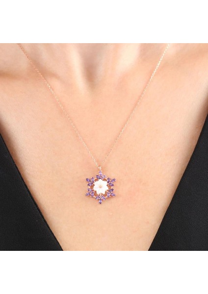 Ametist Kristali Kar Çiçeği Rose Renk Flowers Gümüş Kolye