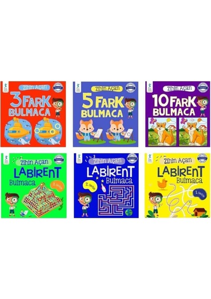 Zihin Açan Bulmaca Serisi 6 Kitap- Fark Bulmaca - Labirent Bulmaca