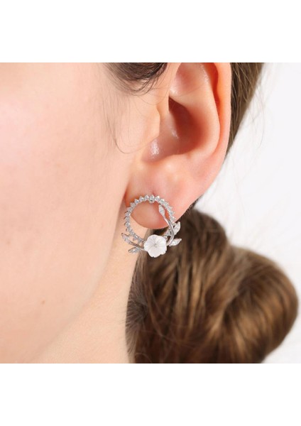 Pırlanta Montür Işıltılı Manolya Çiçeği Tacı Flowers Gümüş Küpe