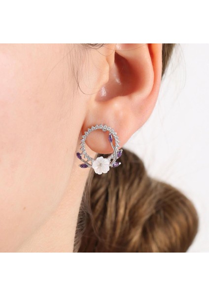 Pırlanta Montür Ametist Taşlı Manolya Çiçeği Tacı Flowers Gümüş Küpe