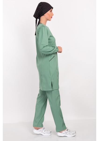 Çağla Yeşili Tesettür Soft Likra Hemşire Doktor Tesettür Alt Üst Takım Üniforma modelleri