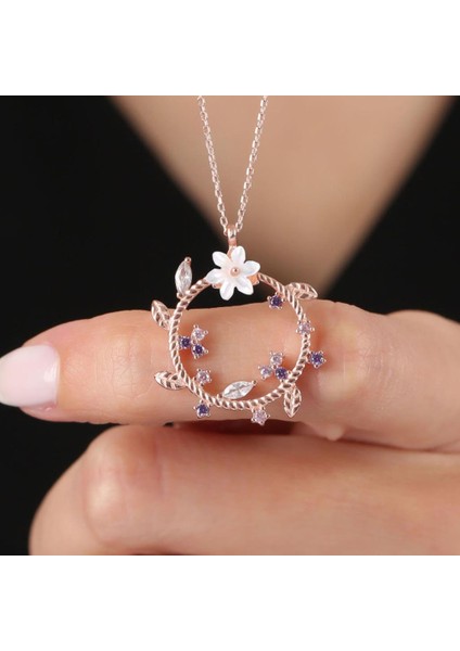 Manolya Çiçeği Mutluluk Haresi Rose Renk Flowers Gümüş Kolye